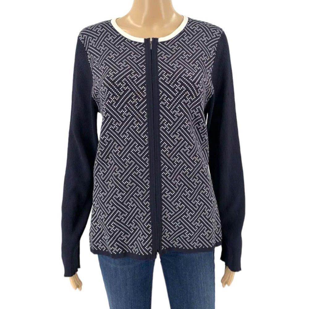 Austin Reed Women Cardigan Sweater Size Medium Nautical Navy White Zip Front